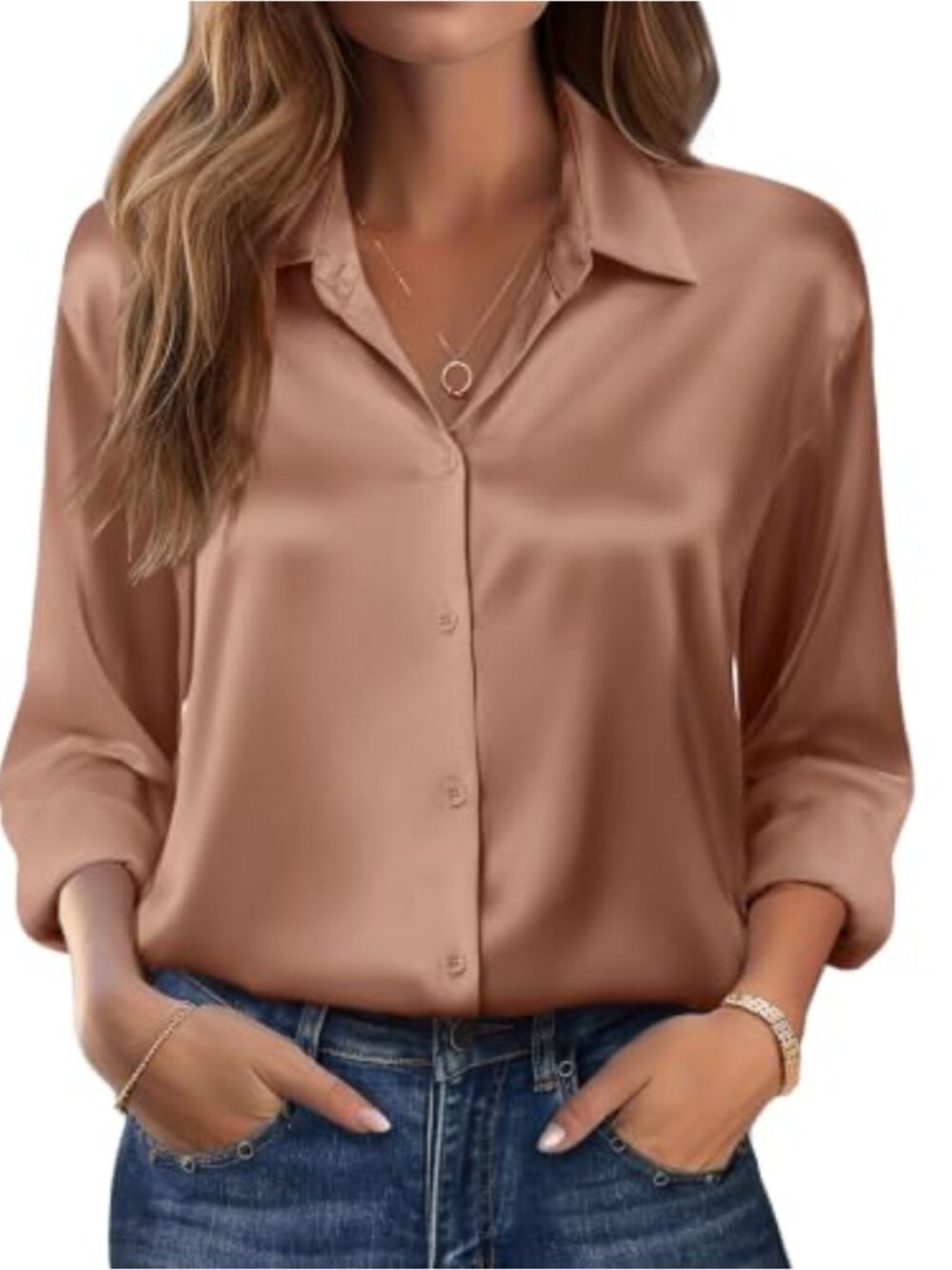 Satin Silk Blouse Long Sleeve Button Down V Neck Loose Fit Tunic Work Top